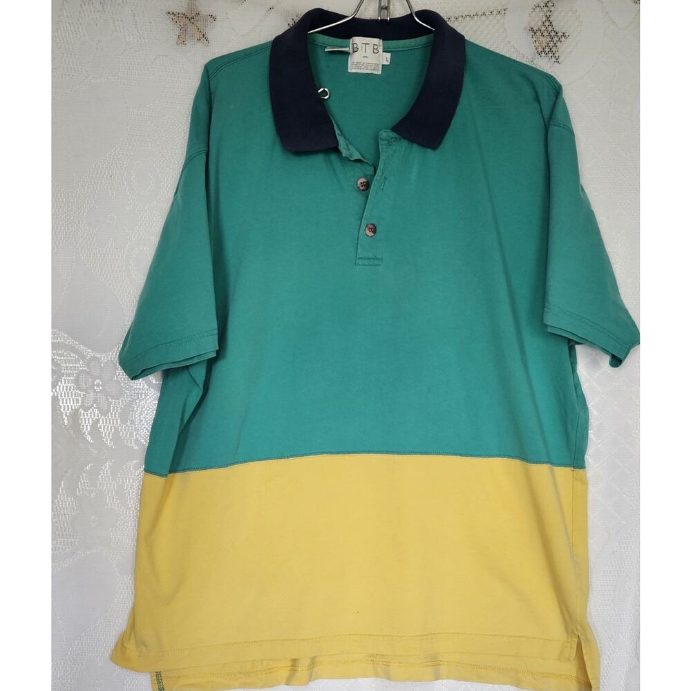 Vintage Mens Large 80s 90s 100% Cotton Colorblock Rugby Stripe Polo Yellow Green